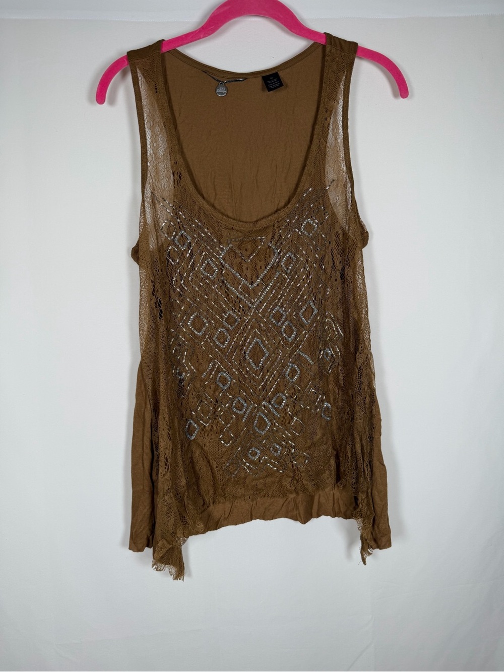 BKE Brown Beaded Mesh Tank Top - Boho, Sheer, Overlay
